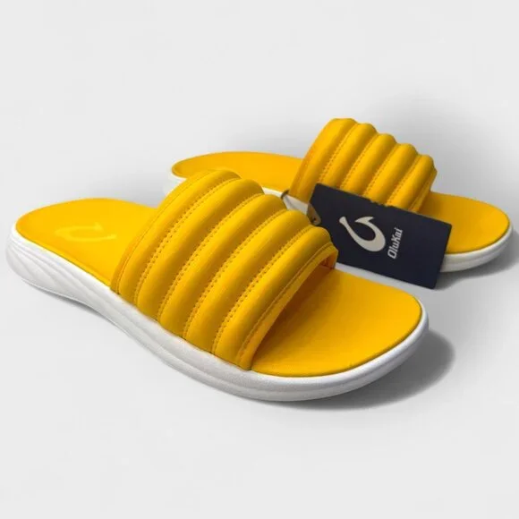 OluKai Komo Slide Sandals Yellow Hibiscus Men's Size 10 NWT No Box Lightweight - Picture 1 of 11